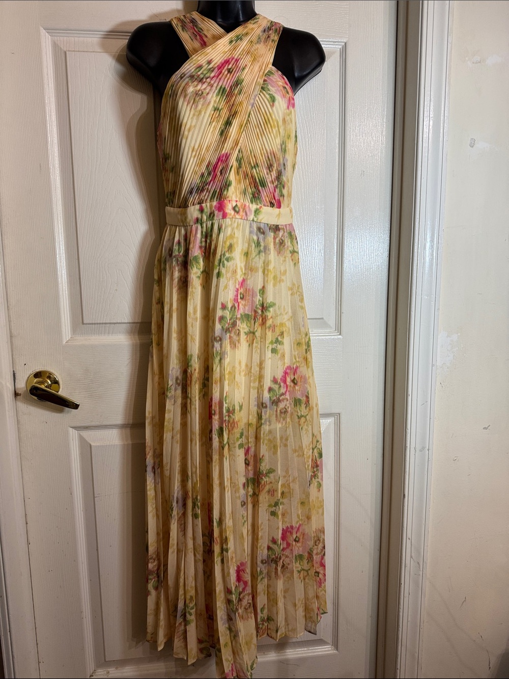 Ted Baker Cross Front Cream Floral Pleated Midi/Maxi Dress Party Sz 0 NWT
